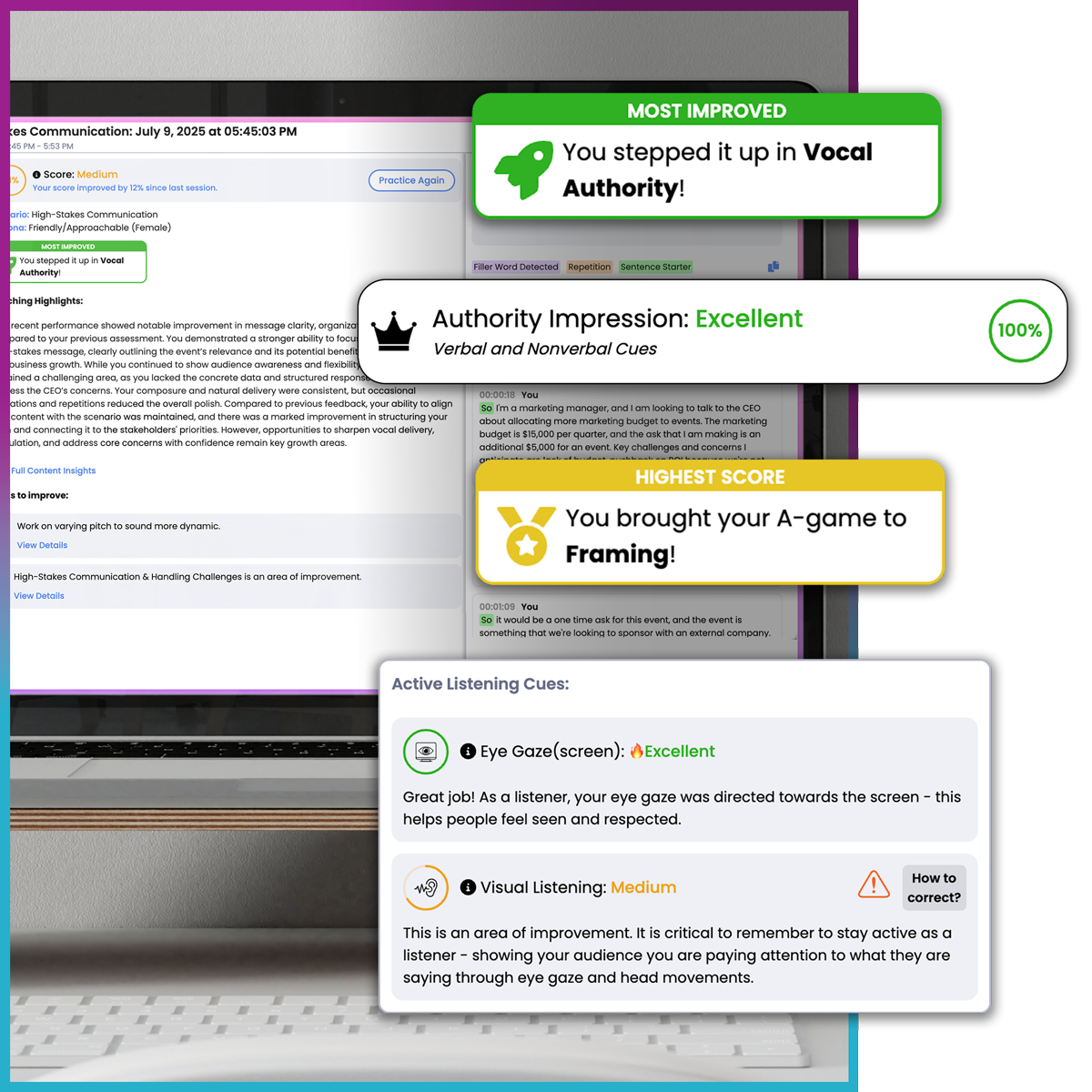 Image shows a Practise Portal report on a computer screen. Sitting on top of the screen to the right are some examples of feedback awards.